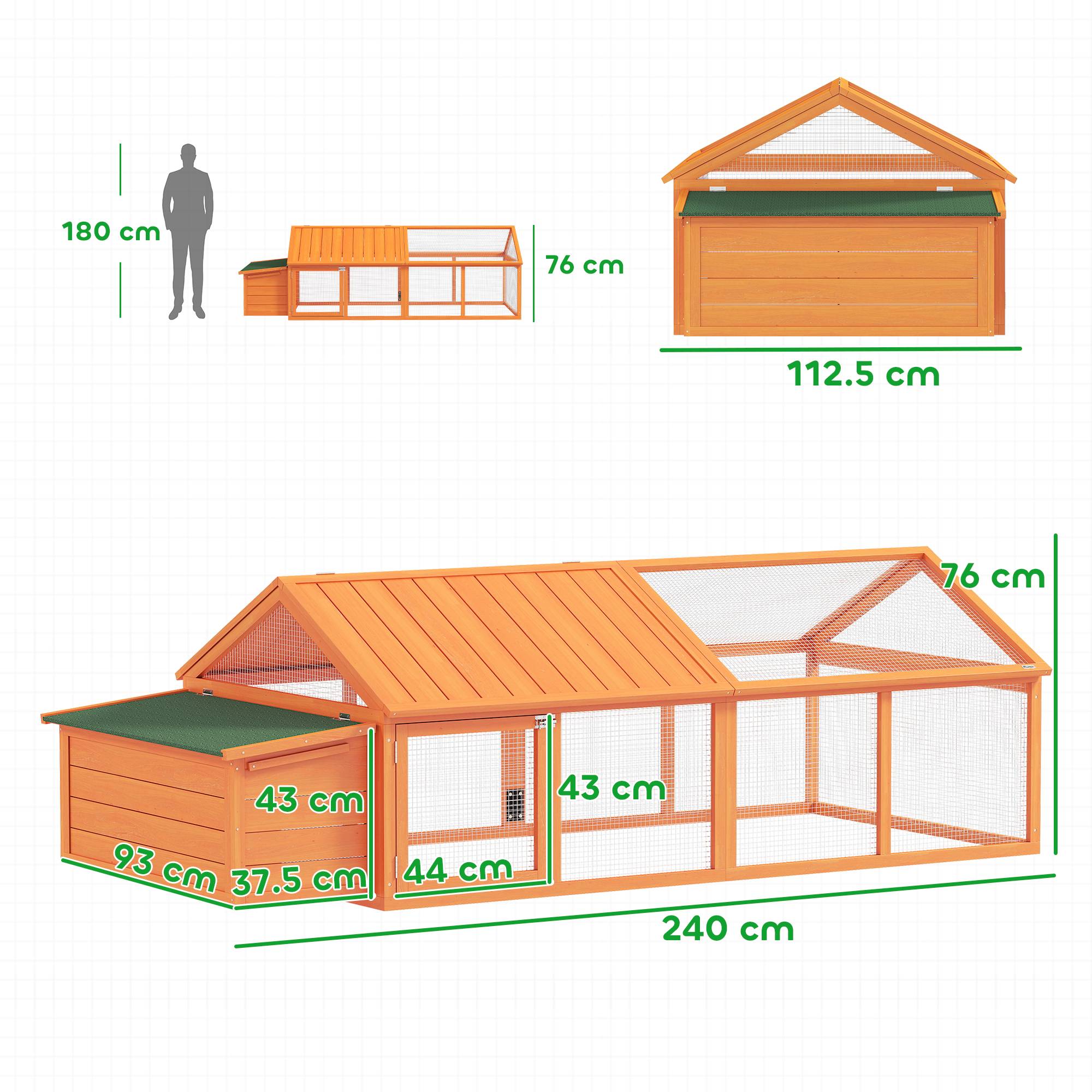 Poulailler jardin 4-8 poules, bois, grillage, toit ouvrant, 240x112,5x76 cm, orange - Image 5