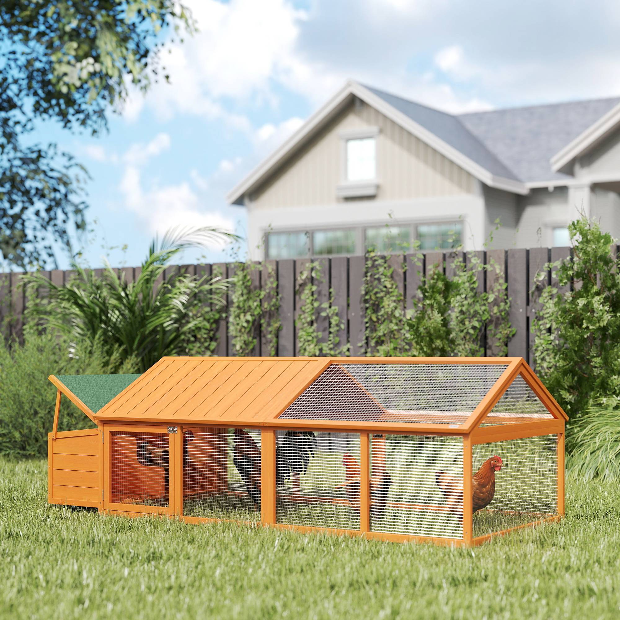 Poulailler jardin 4-8 poules, bois, grillage, toit ouvrant, 240x112,5x76 cm, orange - Image 4