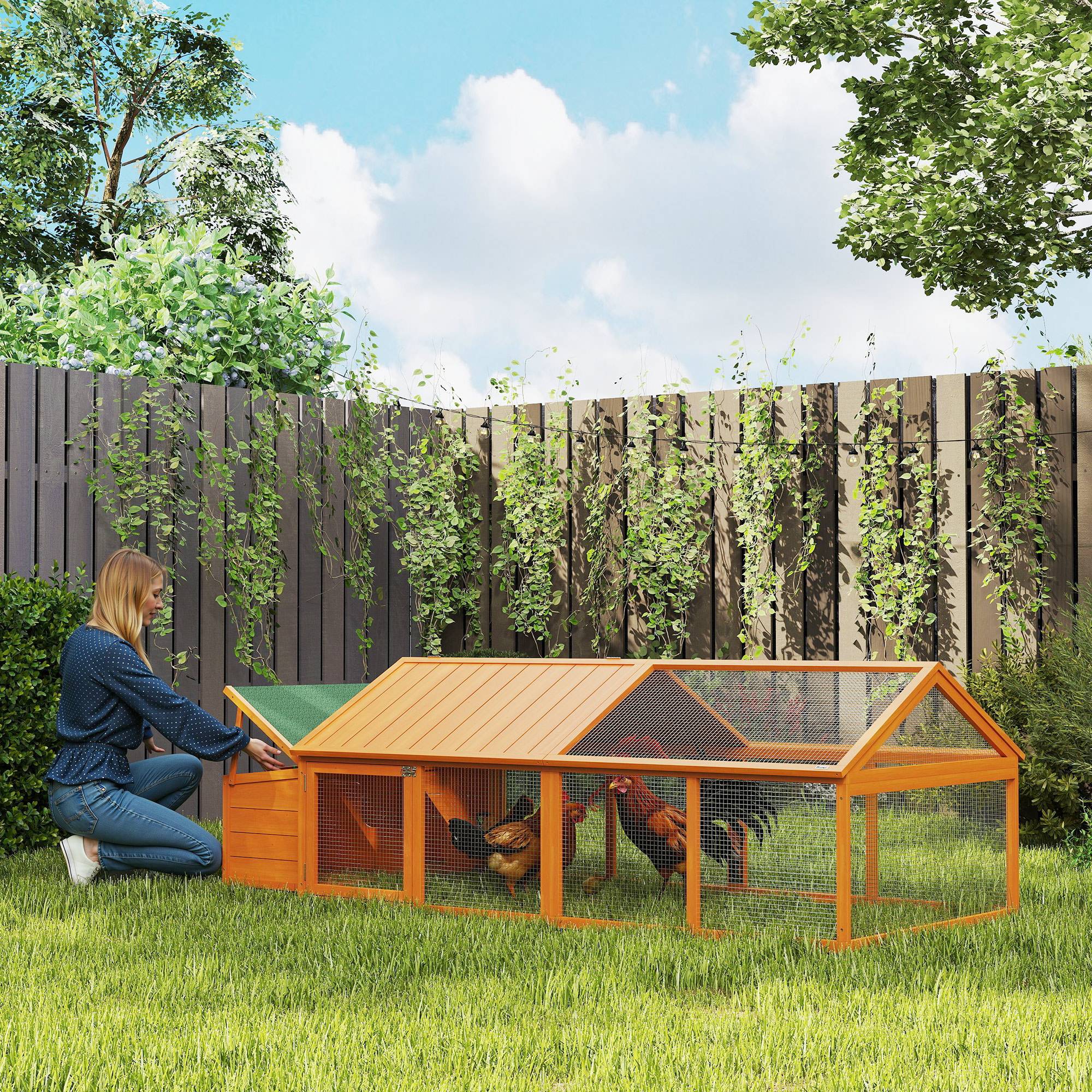 Poulailler jardin 4-8 poules, bois, grillage, toit ouvrant, 240x112,5x76 cm, orange - Image 3