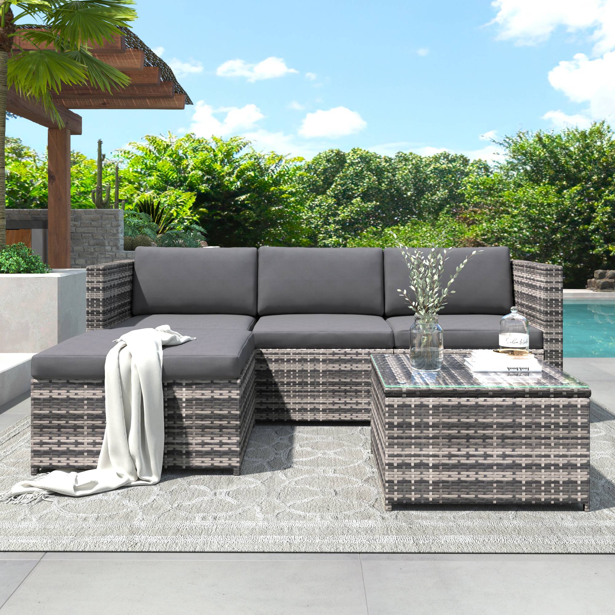 Salon de jardin d'angle en résine tressée extérieur coussins déhoussables 4 places gris - ComfortXL Outdoor Living - Image 1