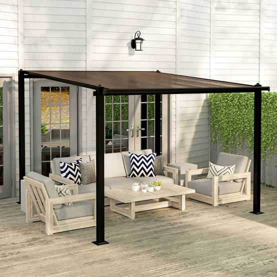 Outsunny - Pergola adossée 3x3m toit polycarbonate imperméable, système de drainage, abri soleil UPF30+ aluminium gris - Outsunny - Image 2