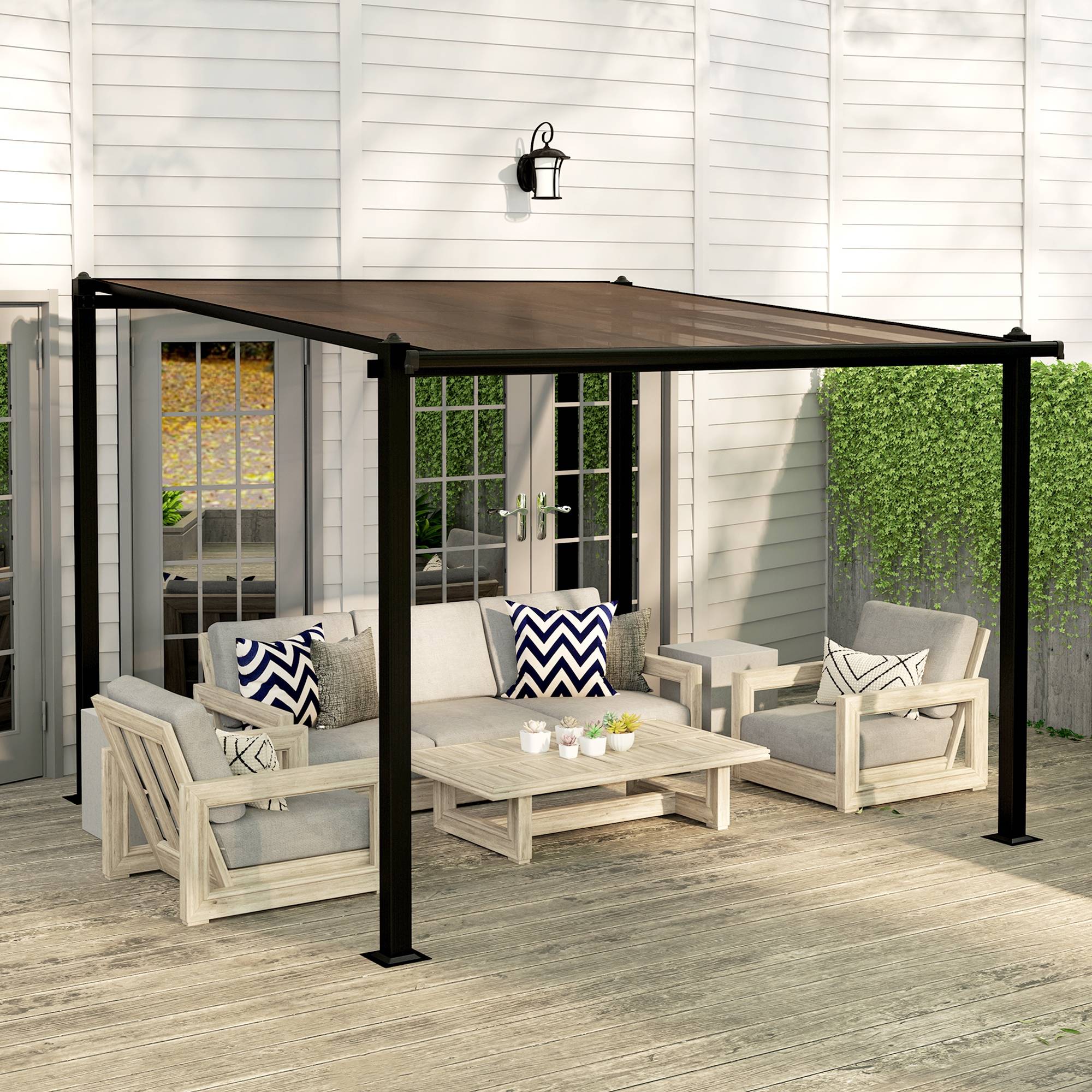 Outsunny - Pergola adossée 3x3m toit polycarbonate imperméable, système de drainage, abri soleil UPF30+ aluminium gris - Outsunny - Image 2