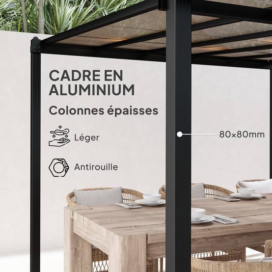 Outsunny - Pergola adossée 3x3m toit polycarbonate imperméable, système de drainage, abri soleil UPF30+ aluminium gris - Outsunny - Image 7
