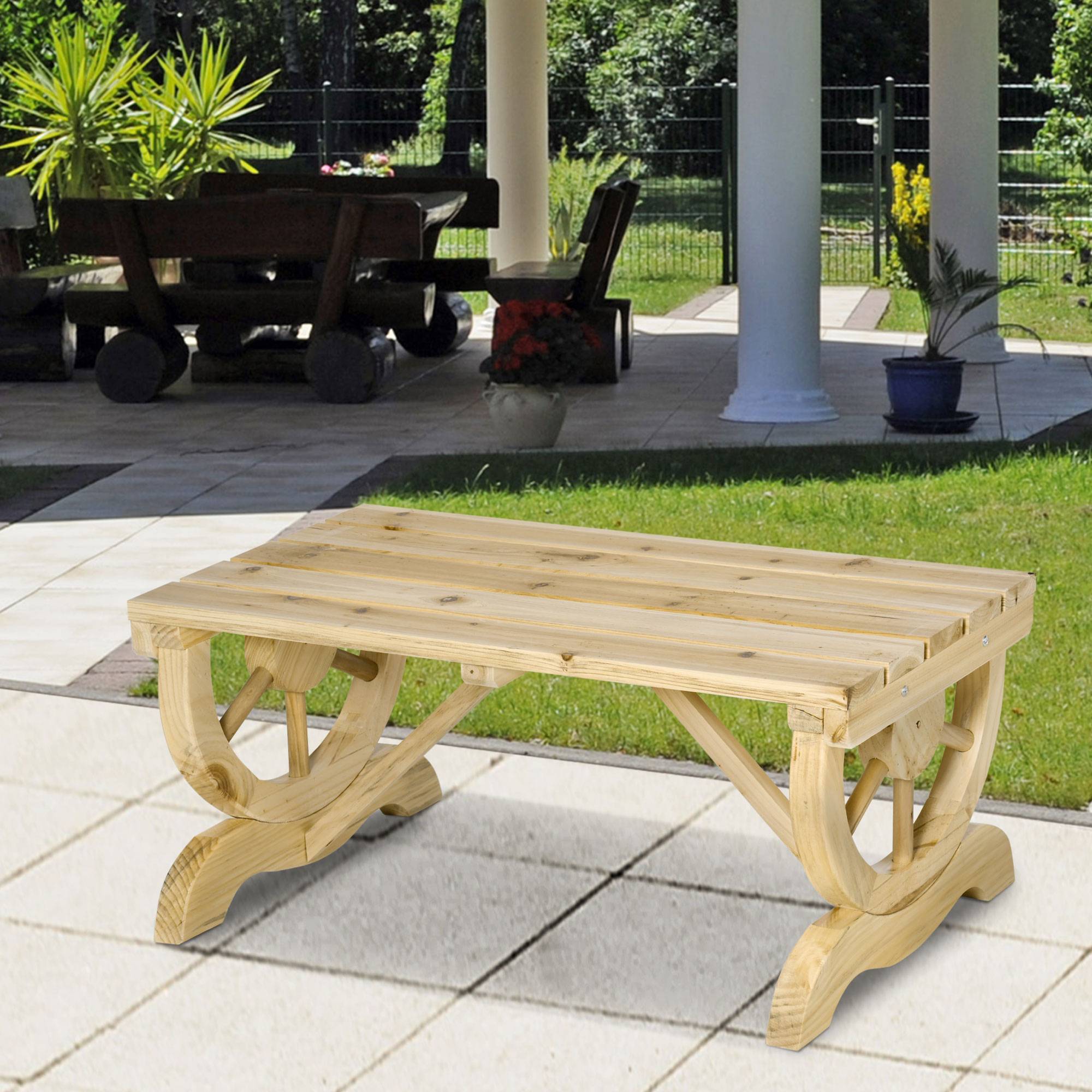 Banc de jardin rustique bois de sapin aménagement extérieur accoudoirs roues 98cm - ComfortXL Outdoor Living - Image 4