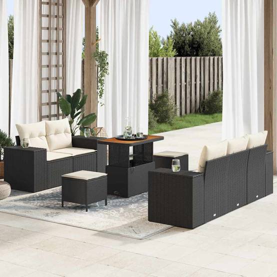 Ensemble de terrasse 7 places en polyrotin tressé avec table et poufs Noir – ComfortXL Outdoor Living - Image 1
