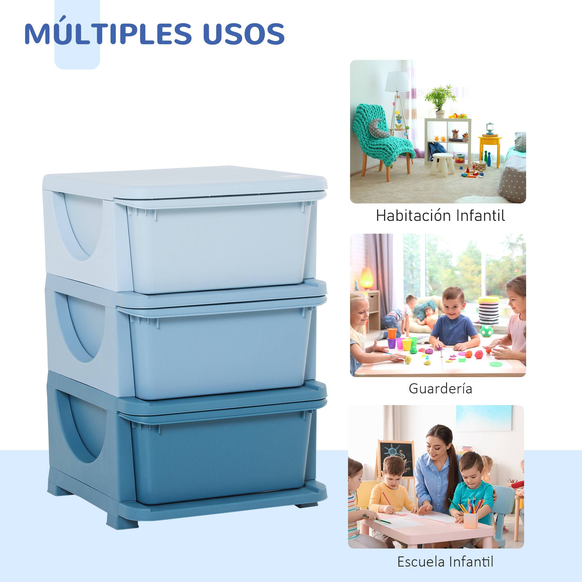 Tour de Rangement Enfant 3 Tiroirs, Organisateur de Jouets 3+, Bords Arrondis et Poignées, Chambre/Salle de Jeux, 37 x 37 x 56,5 cm, Bleu - Image 9