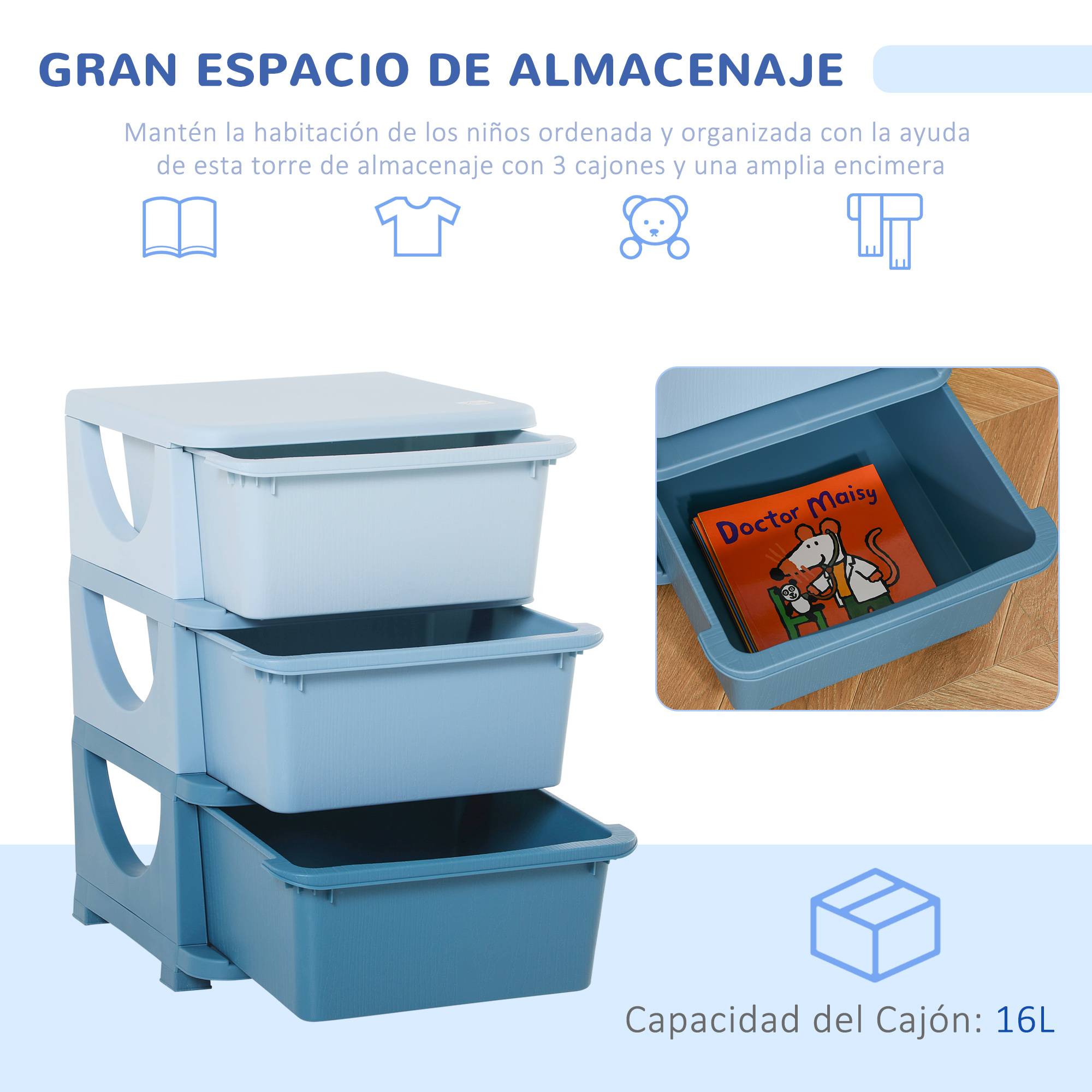 Tour de Rangement Enfant 3 Tiroirs, Organisateur de Jouets 3+, Bords Arrondis et Poignées, Chambre/Salle de Jeux, 37 x 37 x 56,5 cm, Bleu - Image 6