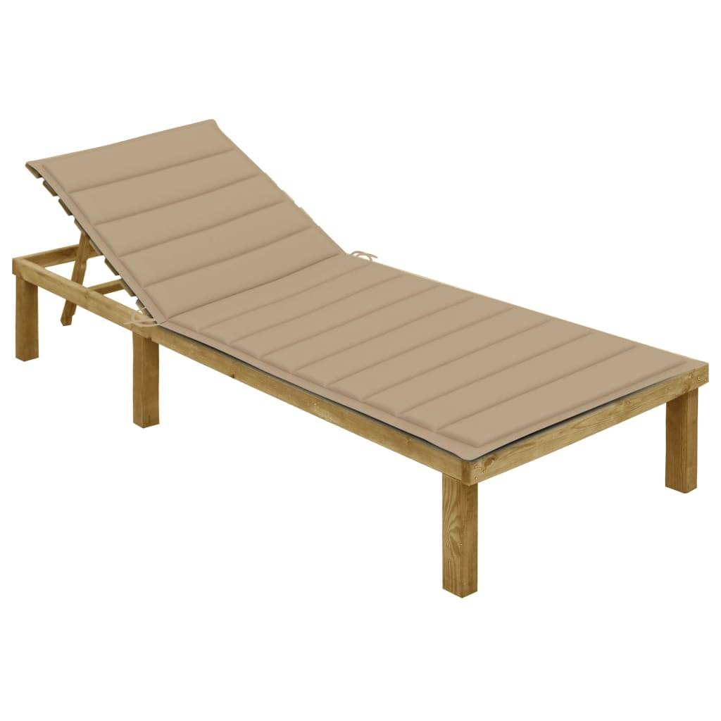 Helloshop26 - Transat chaise longue bain de soleil lit de jardin terrasse meuble d'extérieur 200 cm avec coussin beige bois de pin imprégné - Imagen 1