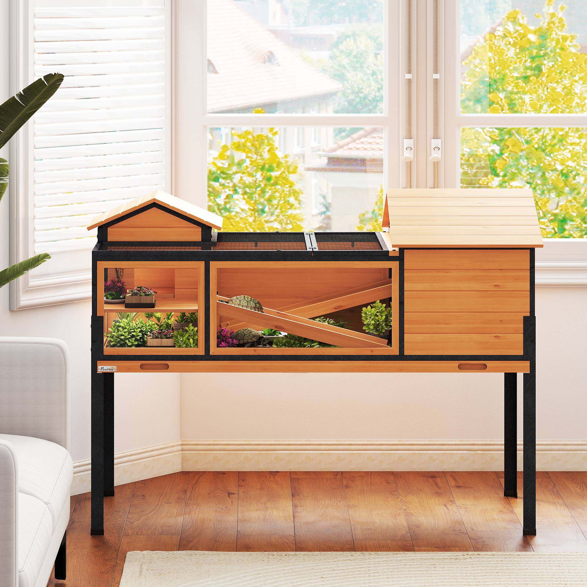 ComfortXL - Enclos tortue bois de sapin et acier jaune 2 niveaux pour petits animaux avec rampes fenêtres et bac amovible - Image 8