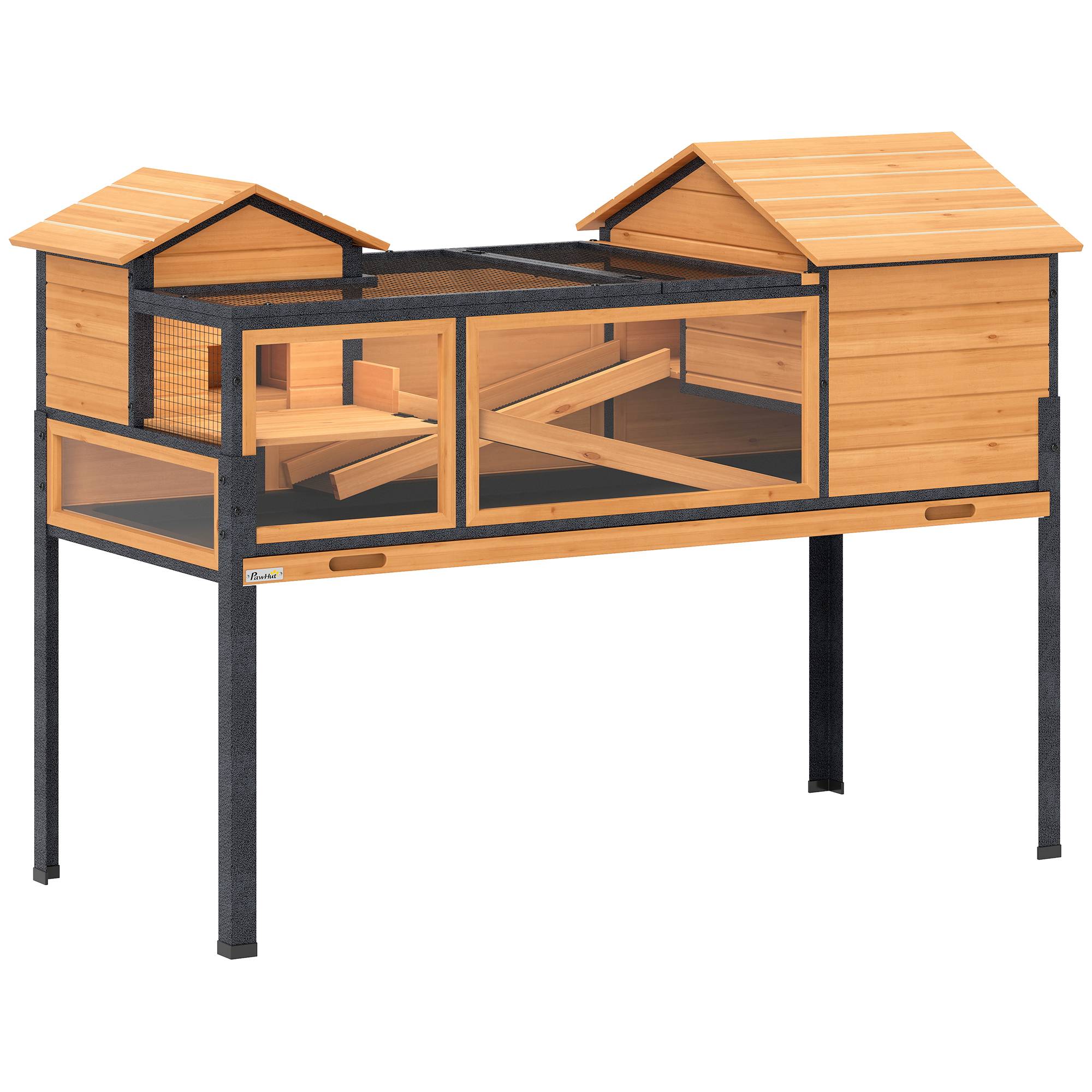 ComfortXL - Enclos tortue bois de sapin et acier jaune 2 niveaux pour petits animaux avec rampes fenêtres et bac amovible - Image 10