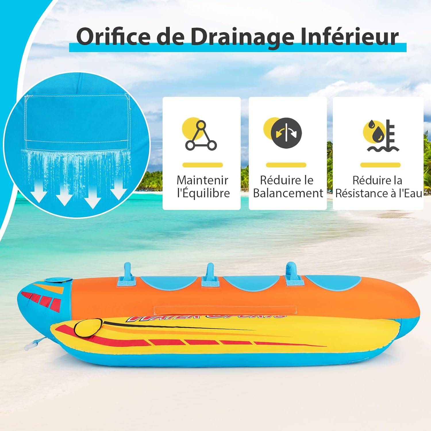 Bateau Banane Gonflable pour 1 à 3 Passagers Charge 231KG, Flotteur Gonflable Remorquable avec 3 Sièges et Poignées Rembourrés en EVA - Image 6