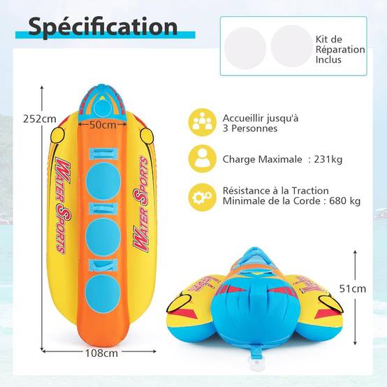 Bateau Banane Gonflable pour 1 à 3 Passagers Charge 231KG, Flotteur Gonflable Remorquable avec 3 Sièges et Poignées Rembourrés en EVA - Image 5