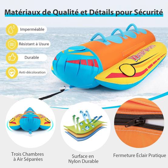 Bateau Banane Gonflable pour 1 à 3 Passagers Charge 231KG, Flotteur Gonflable Remorquable avec 3 Sièges et Poignées Rembourrés en EVA - Image 8