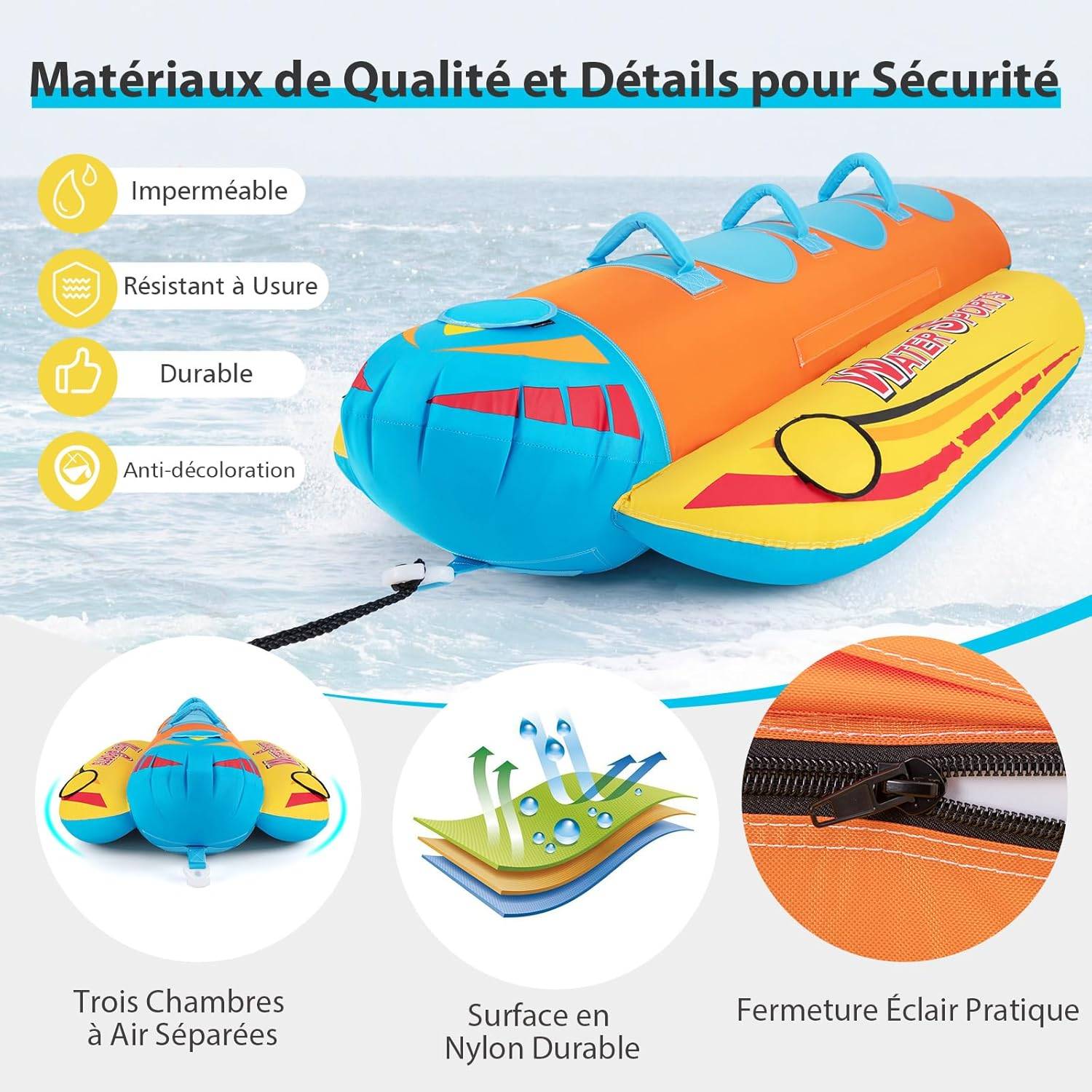 Bateau Banane Gonflable pour 1 à 3 Passagers Charge 231KG, Flotteur Gonflable Remorquable avec 3 Sièges et Poignées Rembourrés en EVA - Image 8