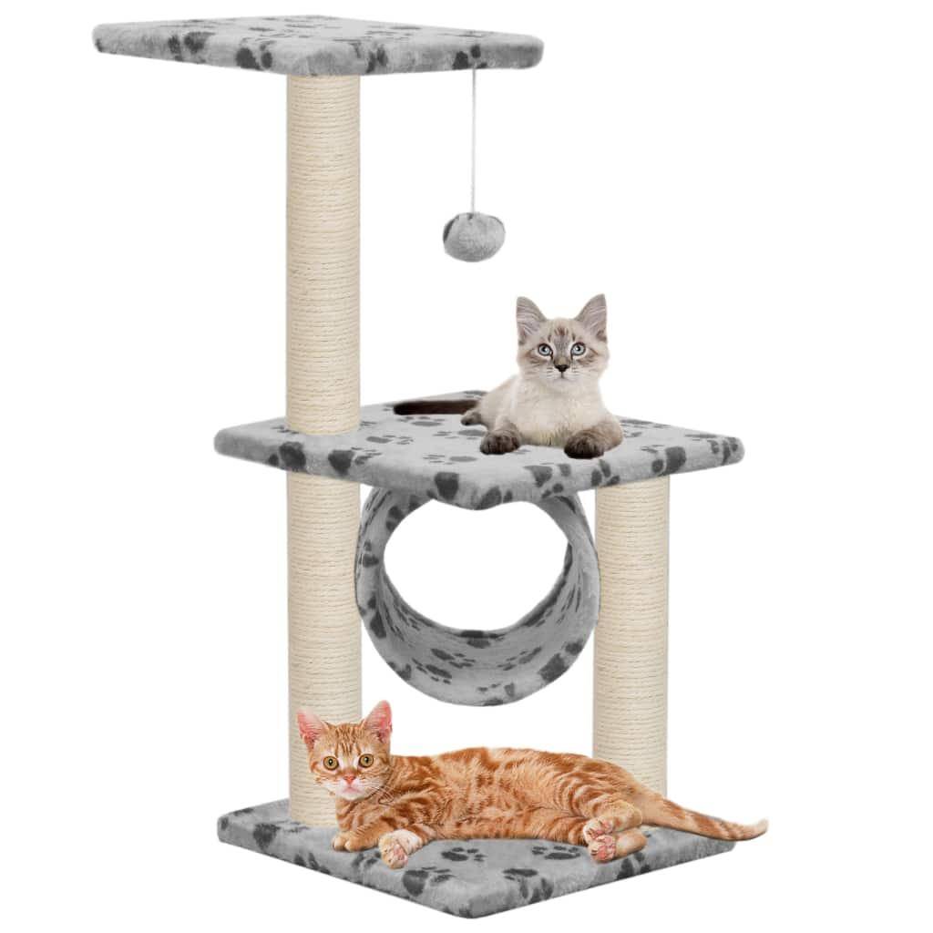 Helloshop26 - Arbre à chat griffoir grattoir niche jouet animaux peluché en sisal 65 cm gris motif de pattes - Image 1