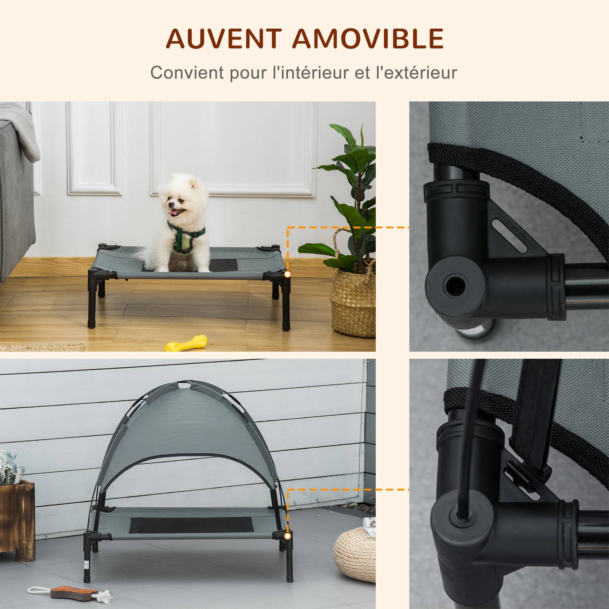 Lit de camp surélevé Métal pour chien et chat Couchage extérieur avec parasol 61cm gris - ComfortXL Outdoor Living - Image 7