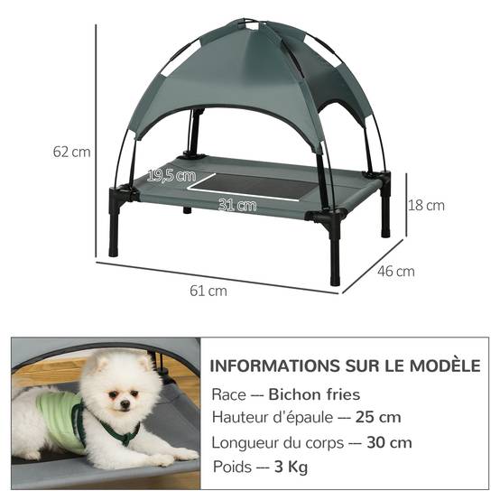 Lit de camp surélevé Métal pour chien et chat Couchage extérieur avec parasol 61cm gris - ComfortXL Outdoor Living - Image 5