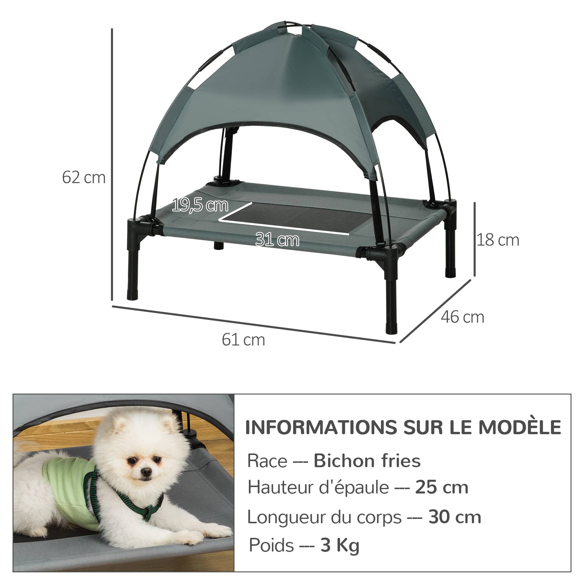 Lit de camp surélevé Métal pour chien et chat Couchage extérieur avec parasol 61cm gris - ComfortXL Outdoor Living - Image 5