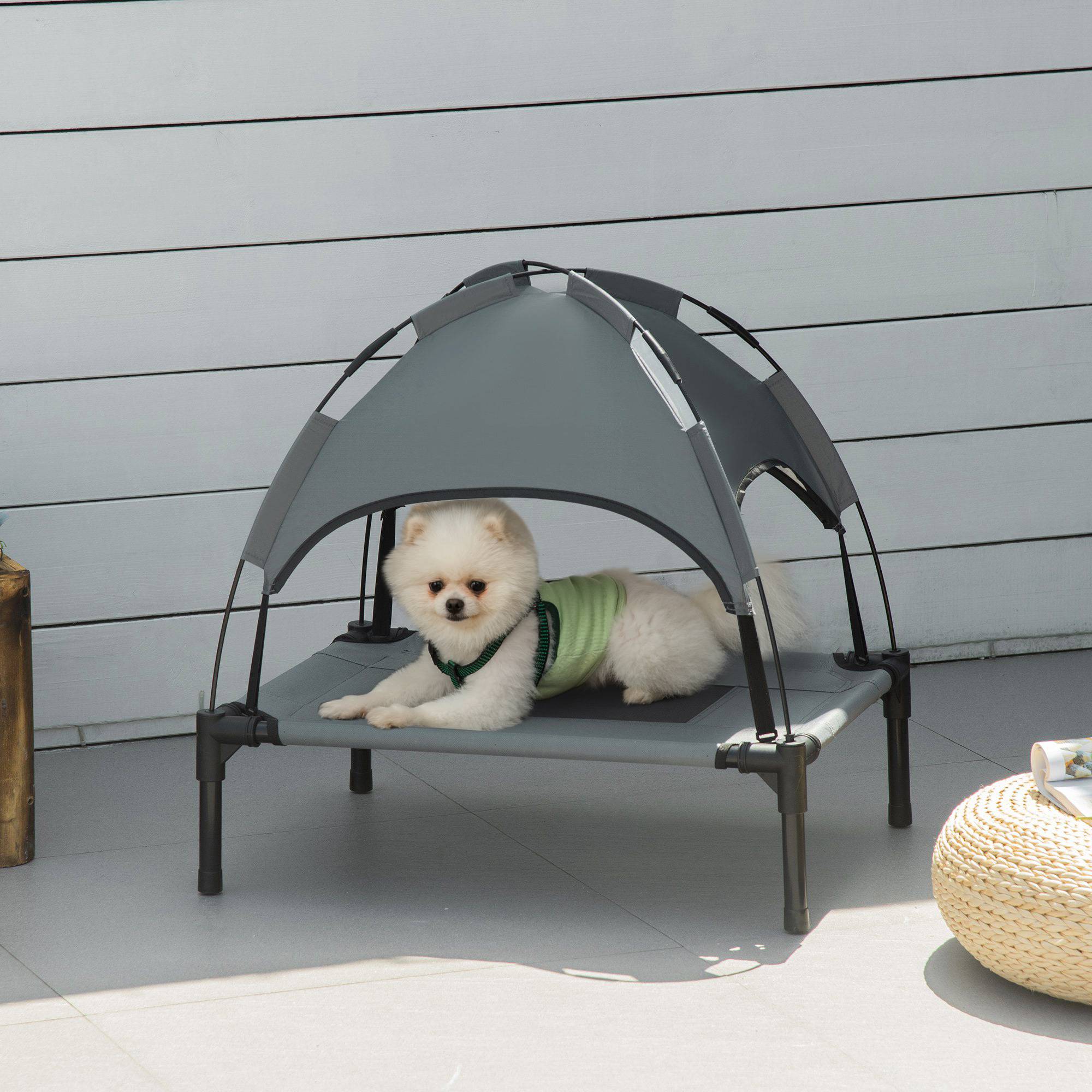 Lit de camp surélevé Métal pour chien et chat Couchage extérieur avec parasol 61cm gris - ComfortXL Outdoor Living - Image 3