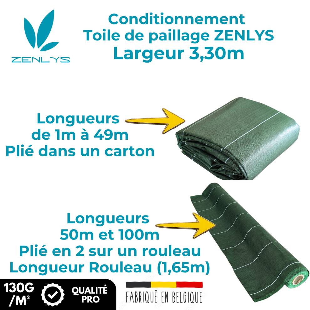 Toile de paillage 130g/m2 Longueur 10m Largeur 3,30m anti mauvaises herbes Geotextile Vert ZENLYS Grande Largeur 3M très épaisse - Image 4