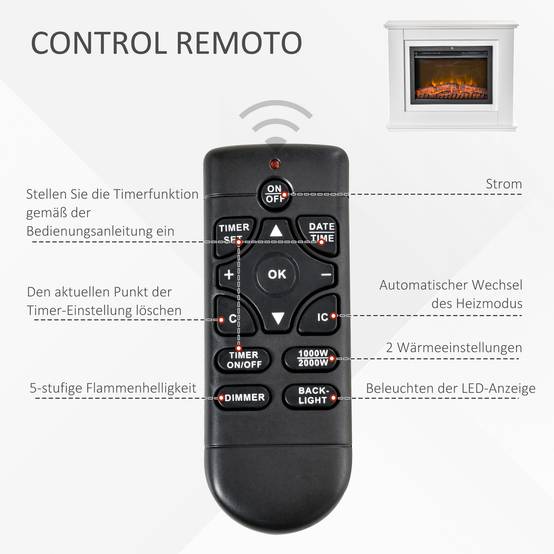 Cheminée électrique autoportante avec chauffage, fonction d'allumage adaptatif, télécommande, minuterie et protection contre la surchauffe. - Image 4