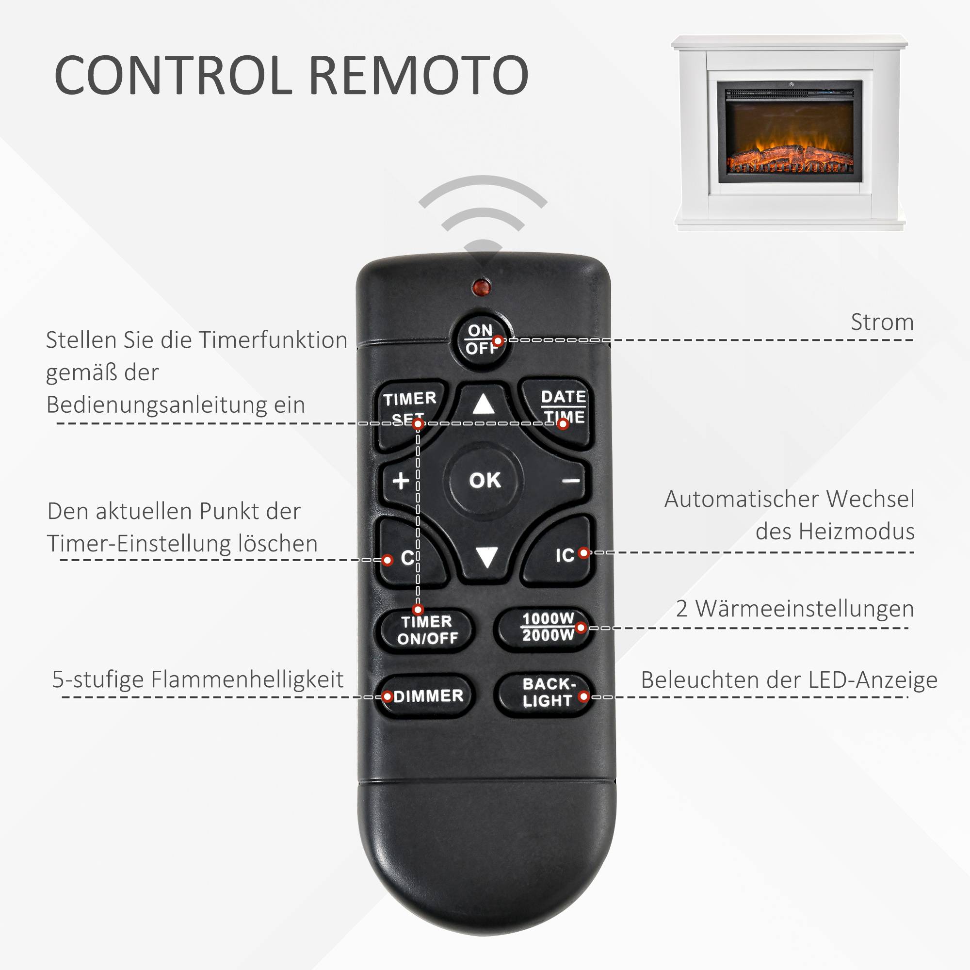 Cheminée électrique autoportante avec chauffage, fonction d'allumage adaptatif, télécommande, minuterie et protection contre la surchauffe. - Image 4
