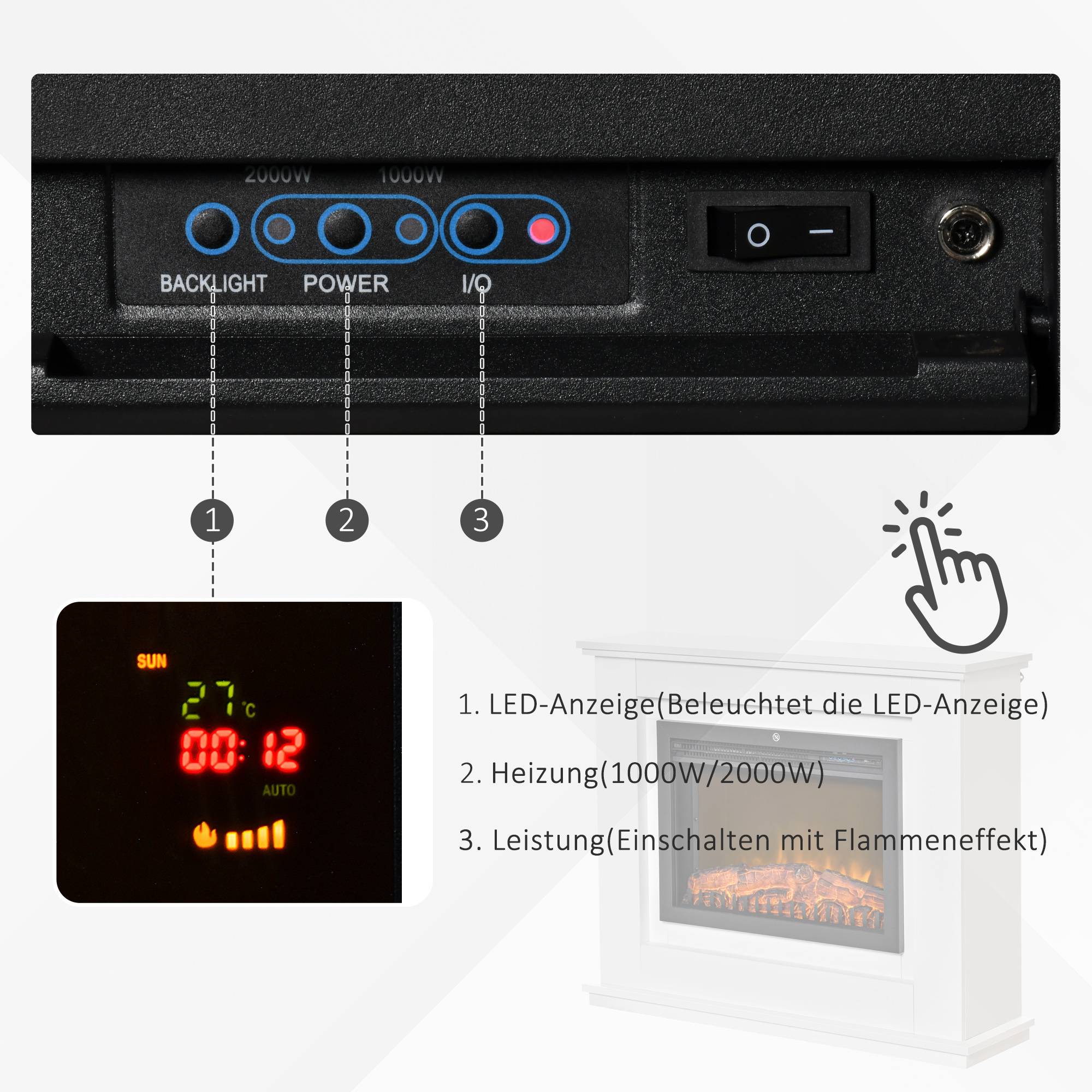 Cheminée électrique autoportante avec chauffage, fonction d'allumage adaptatif, télécommande, minuterie et protection contre la surchauffe. - Image 3