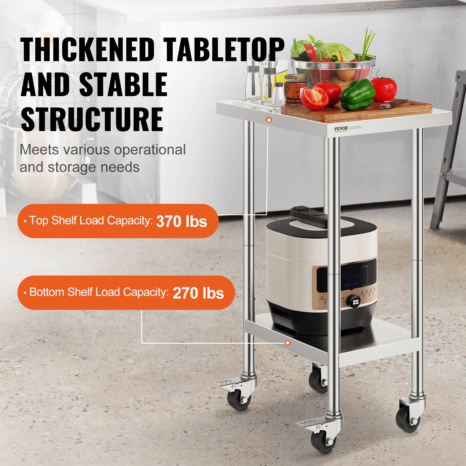 VEVOR Table de travail inox 61 x 45,7 x 95,5 cm. 4 roulettes, 3 hauteurs réglables. Pour restaurant, maison, bar. - Image 3