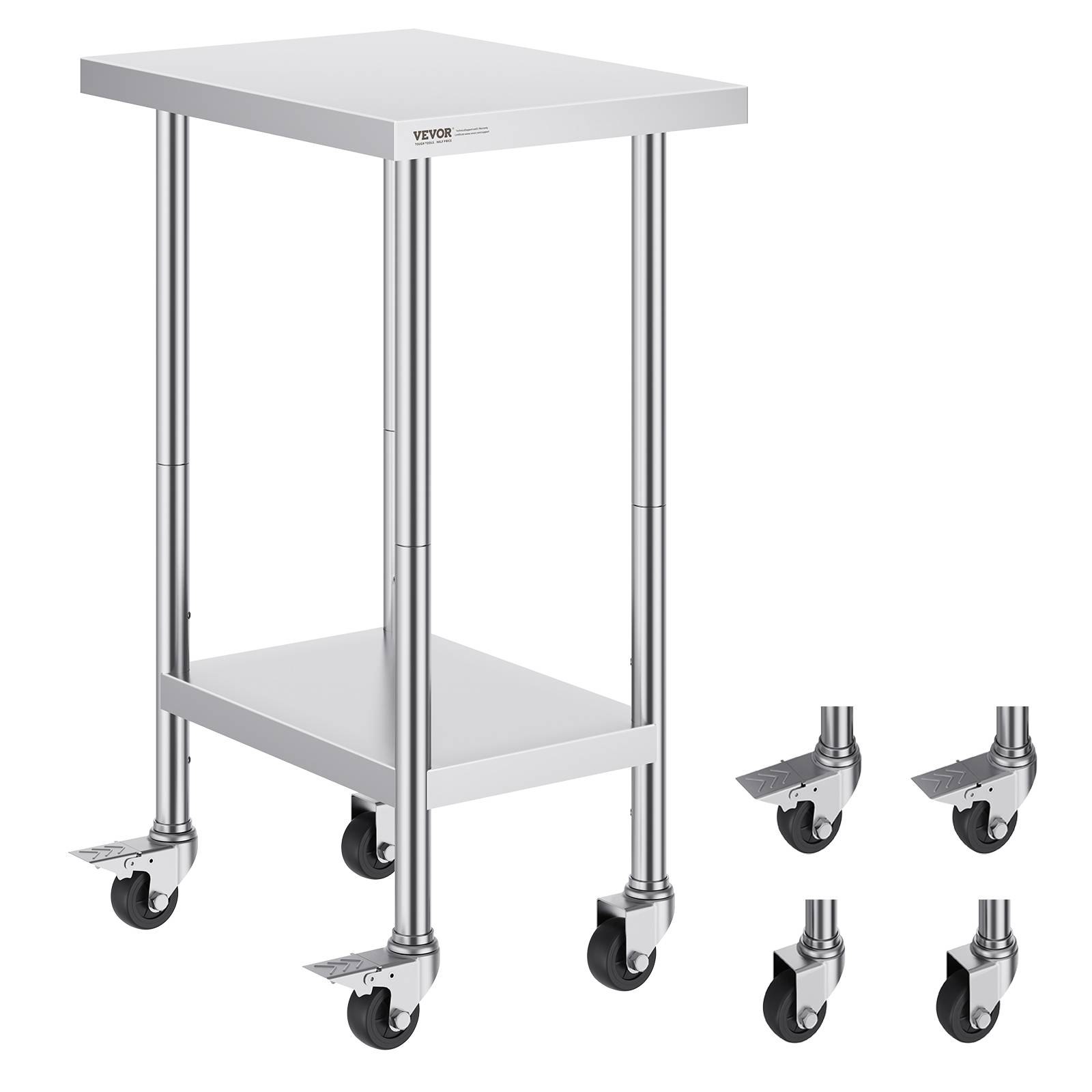 VEVOR Table de travail inox 61 x 45,7 x 95,5 cm. 4 roulettes, 3 hauteurs réglables. Pour restaurant, maison, bar. - Image 1