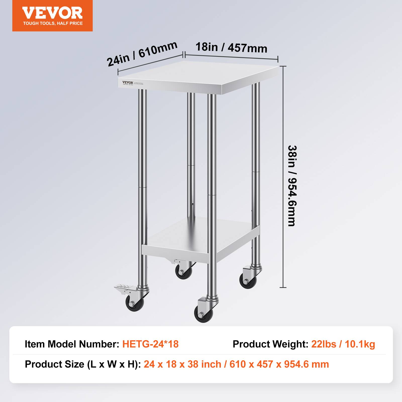 VEVOR Table de travail inox 61 x 45,7 x 95,5 cm. 4 roulettes, 3 hauteurs réglables. Pour restaurant, maison, bar. - Image 7