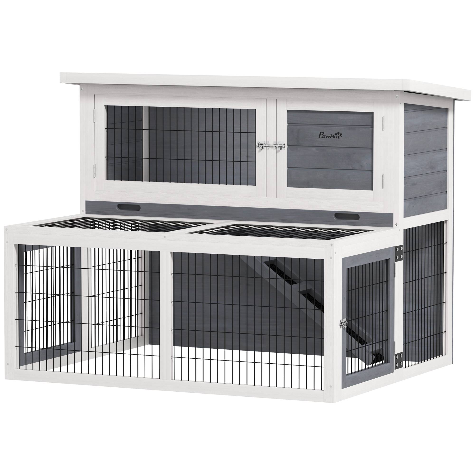 Clapier extérieur 2 niveaux bois lapin grand enclos 122x95x93cm gris - ComfortXL Outdoor Living - Image 1