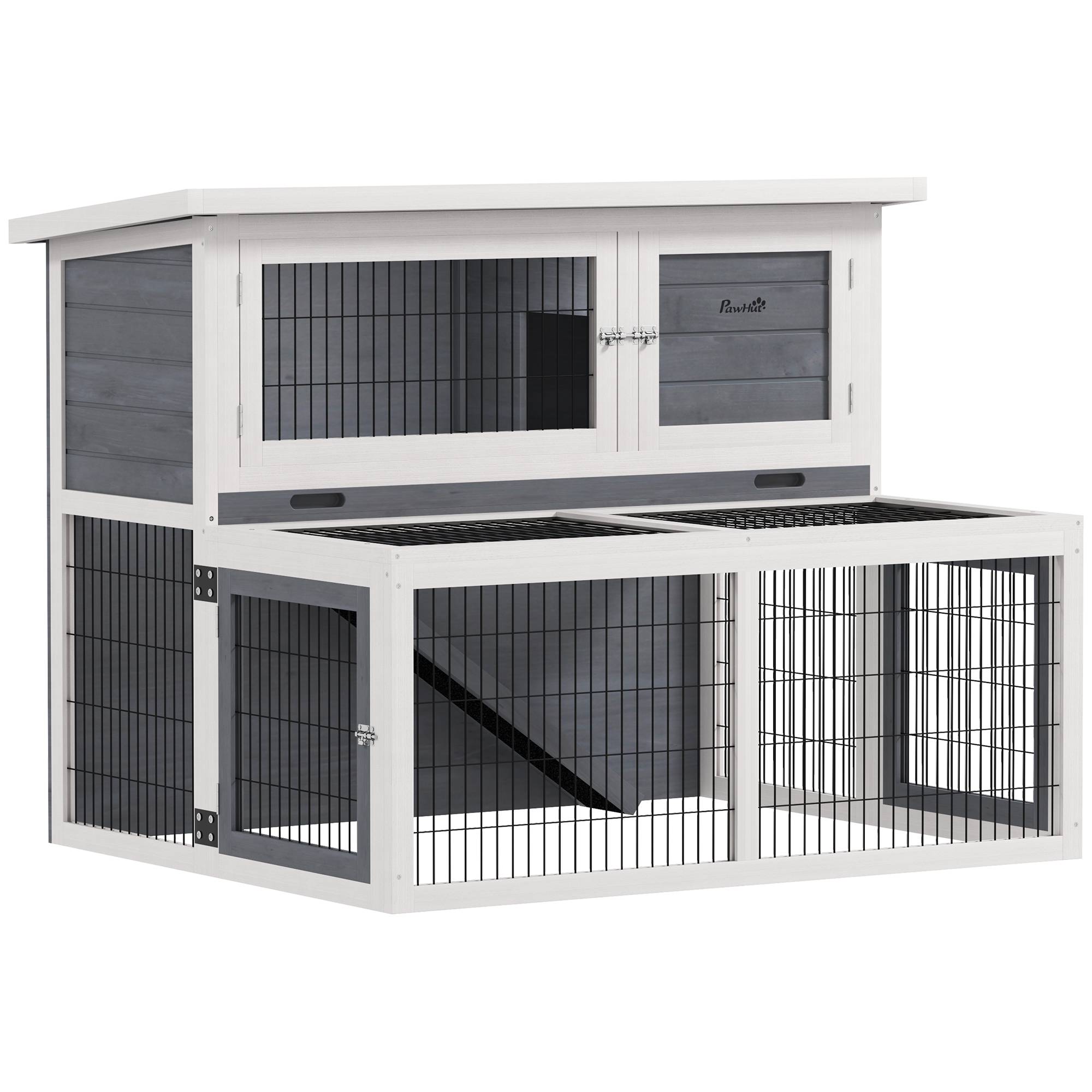 Clapier extérieur 2 niveaux bois lapin grand enclos 122x95x93cm gris - ComfortXL Outdoor Living - Image 2