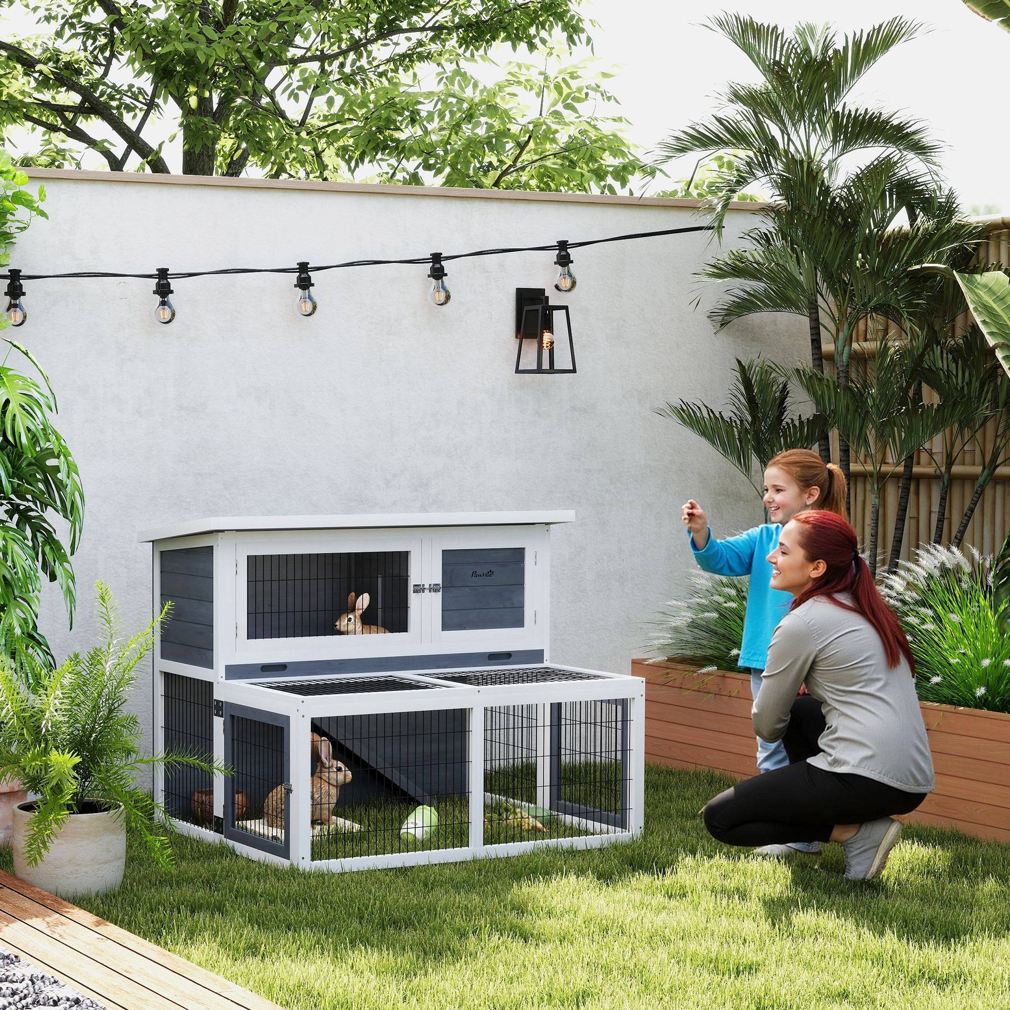 Clapier extérieur 2 niveaux bois lapin grand enclos 122x95x93cm gris - ComfortXL Outdoor Living - Image 3