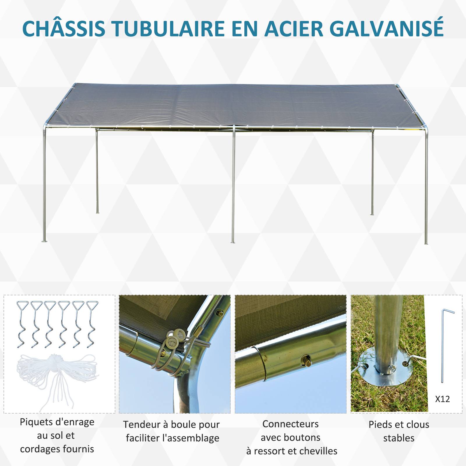 Outsunny - Carport auvent pour voiture 5,95L x 2,90l x 2,60H m acier galvanisé robuste PE haute densité gris - Outsunny - Imagen 6