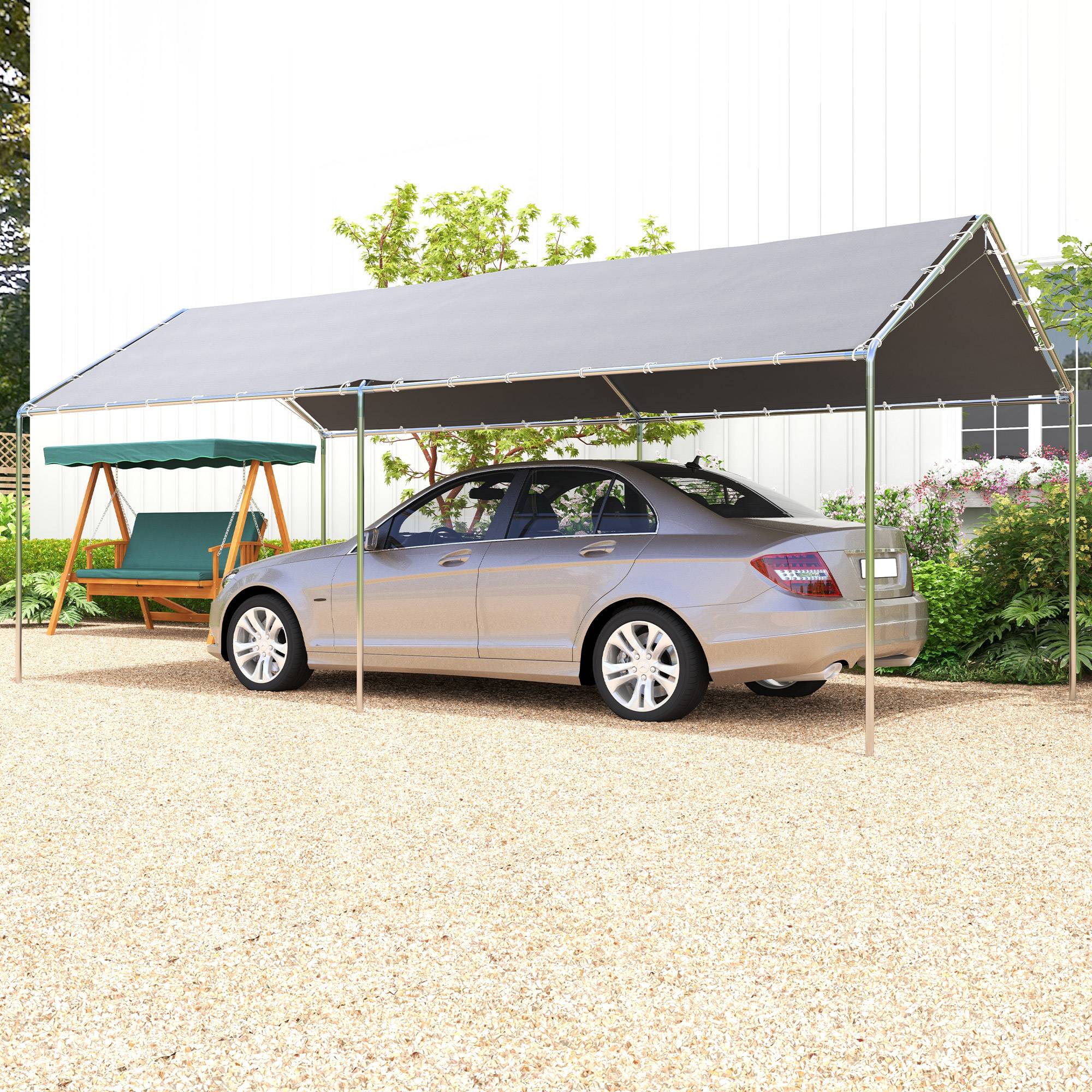 Outsunny - Carport auvent pour voiture 5,95L x 2,90l x 2,60H m acier galvanisé robuste PE haute densité gris - Outsunny - Imagen 2
