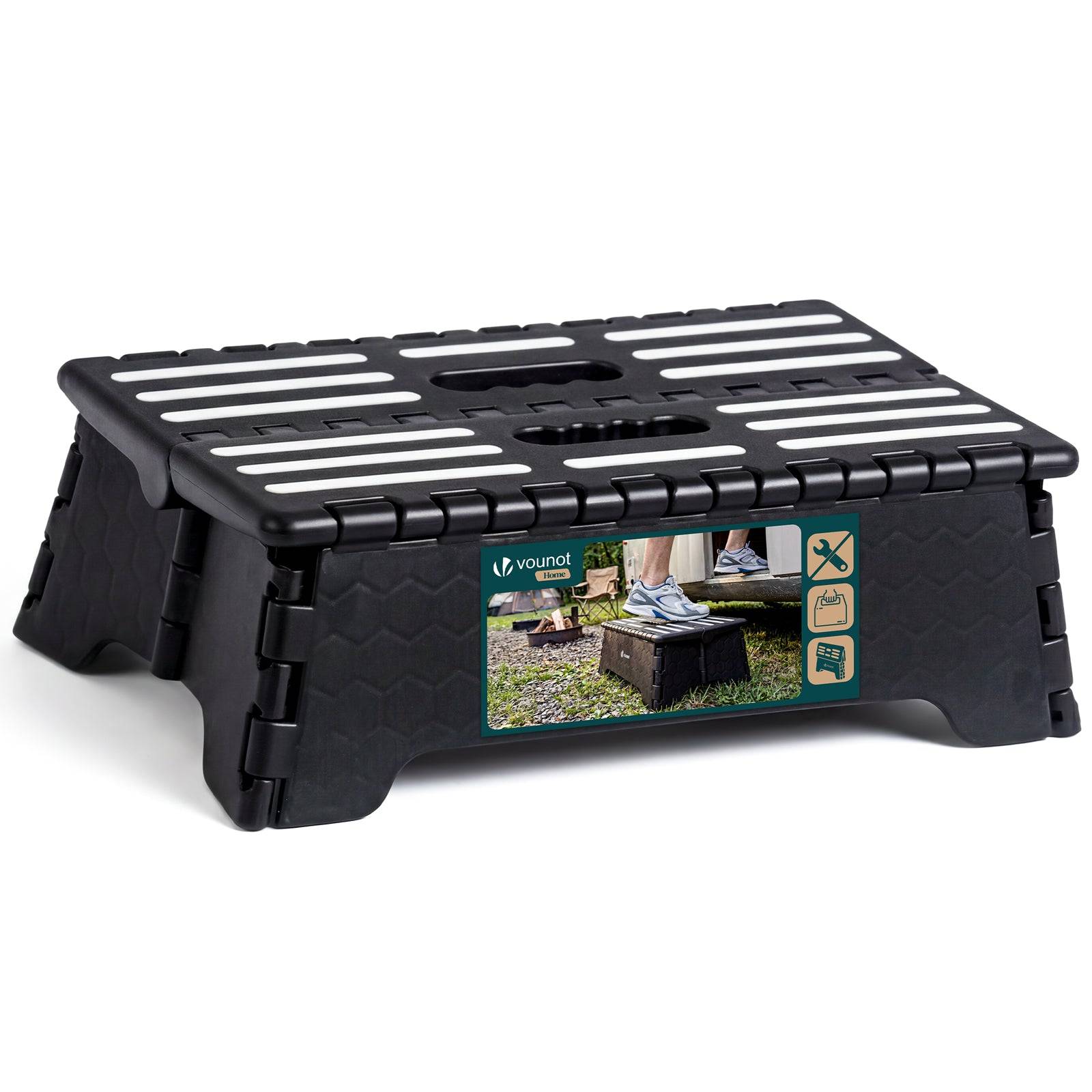 Marchepied pliable antidérapant 39.5x24x13cm - Plateforme tabouret portable avec poignée intégrée - Plastique - Noir - VOUNOT®