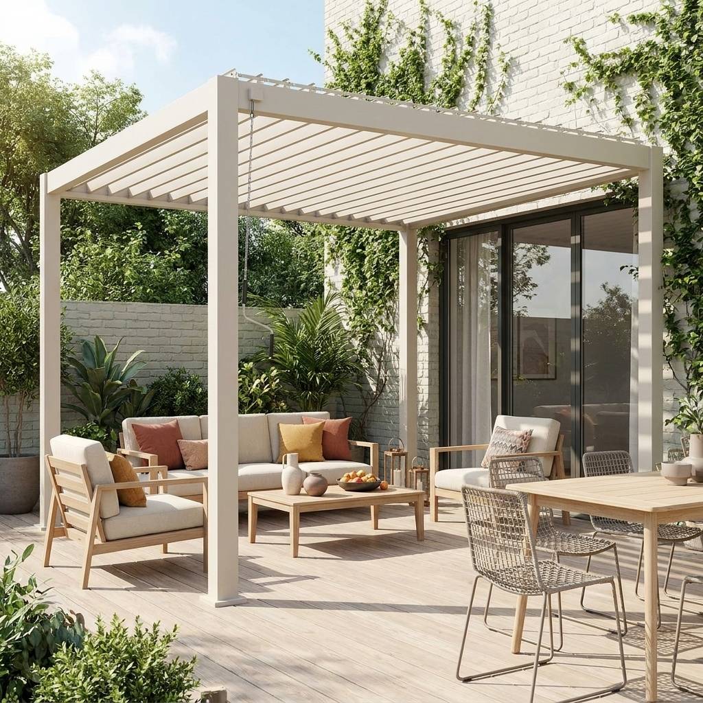 Pergola bioclimatique aluminium beige Triomphe 3x3 m lames orientables | sweeek