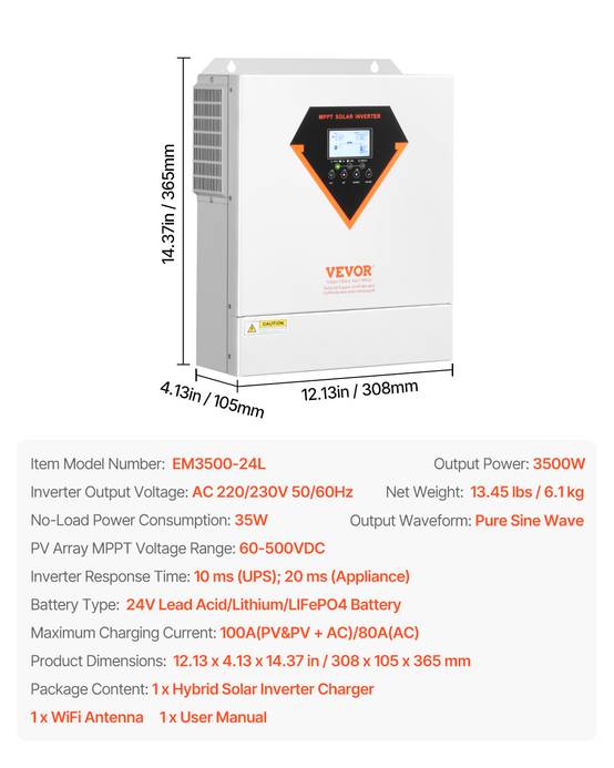 Vevor - VEVOR Onduleur solaire hybride 3500W, 24V->220/230V, contrôleur MPPT 100A intégré, hors réseau. - Image 7