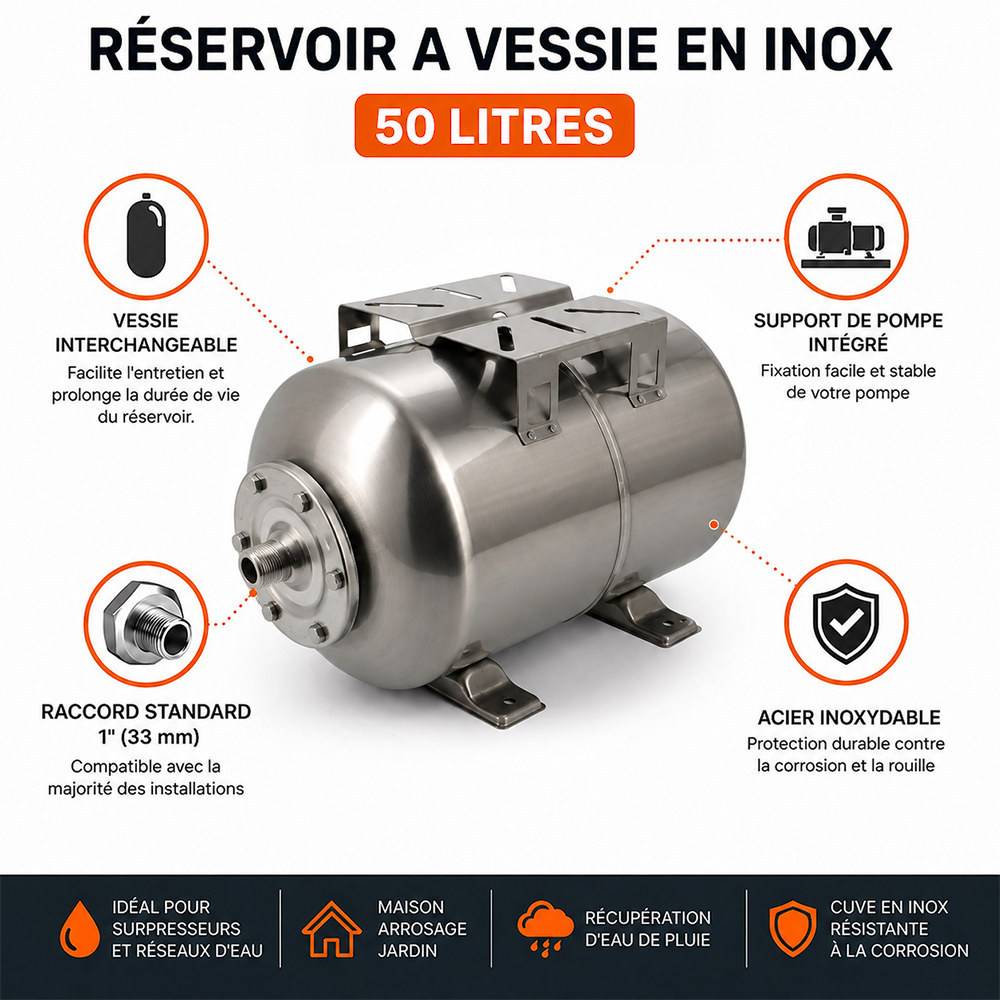 Gt Market - Réservoir pression à vessie horizontal en inox - 50 litres - GT MARKET - Imagen 2