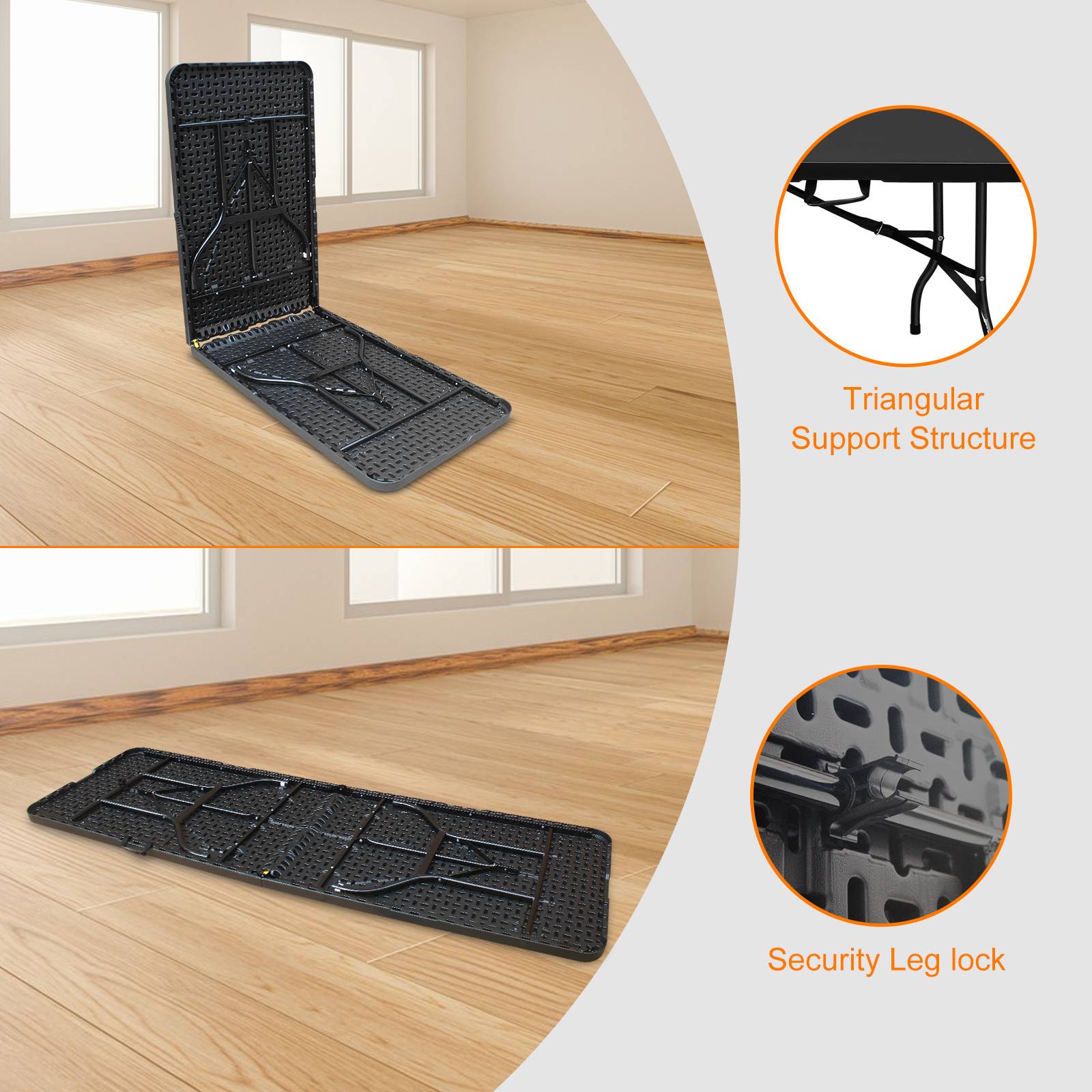 Table pliante en fer et plastique noir 243.9 x 73.6 x 73.6 cm - PANGIVO - Image 3