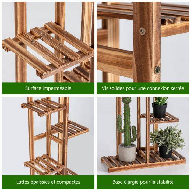 Helloshop26 - Étagère pour fleurs en bambou 6 niveaux autoportante 7 pots avec dispositif anti-basculement intérieur extérieur marron - Imagen 3
