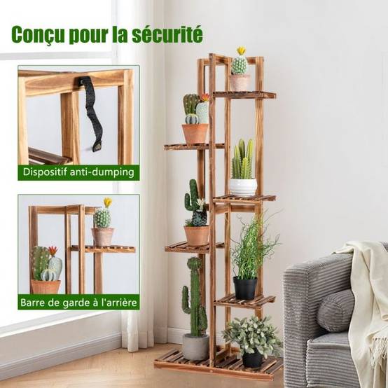 Helloshop26 - Étagère pour fleurs en bambou 6 niveaux autoportante 7 pots avec dispositif anti-basculement intérieur extérieur marron - Imagen 4