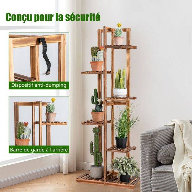 Helloshop26 - Étagère pour fleurs en bambou 6 niveaux autoportante 7 pots avec dispositif anti-basculement intérieur extérieur marron - Imagen 4