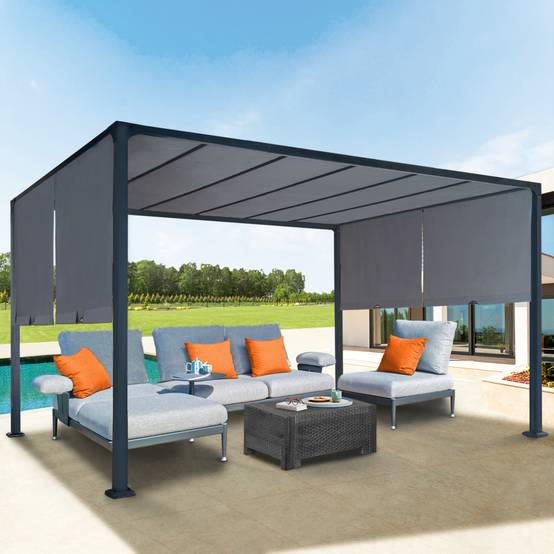 Pergola coulissante 2 pans 3x4 M belvédère de jardin toile gris anthracite - Image 1
