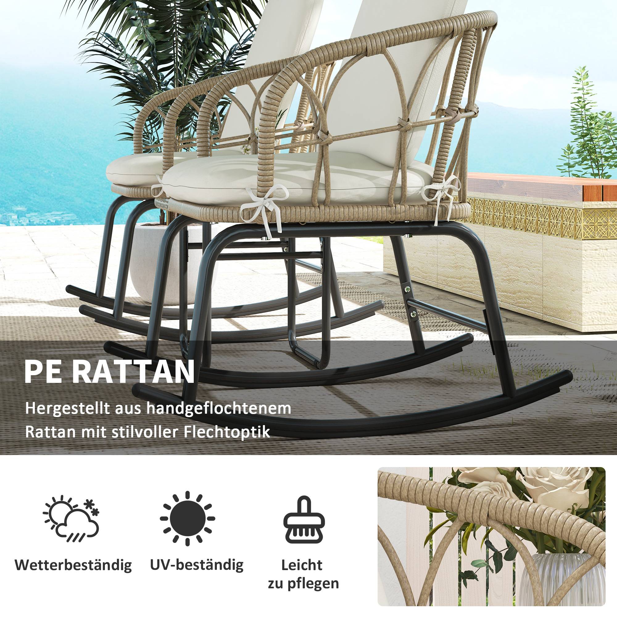 Set de mobilier de jardin 3 pièces avec 2 fauteuils à bascule et table en Rattan, Jaune - PANGIVO - Image 5