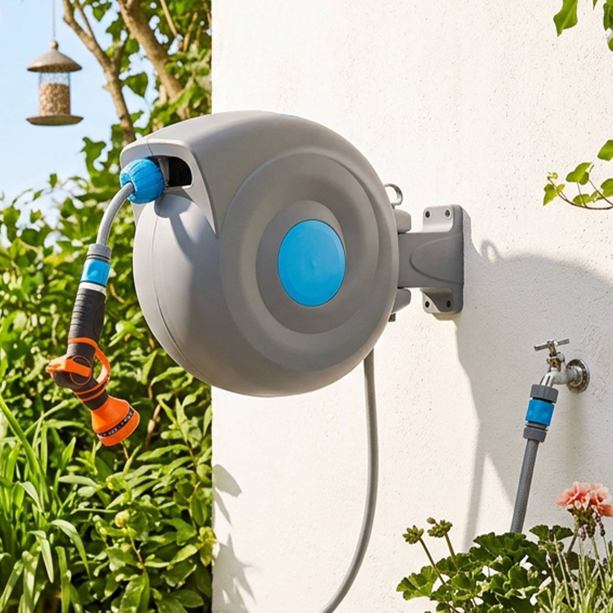 Dévidoir Mural Automatique Plastique Jardin Enrouleur Tuyau 20m Pistolet 9 Jets Bleu - ComfortXL Outdoor Living - Image 1