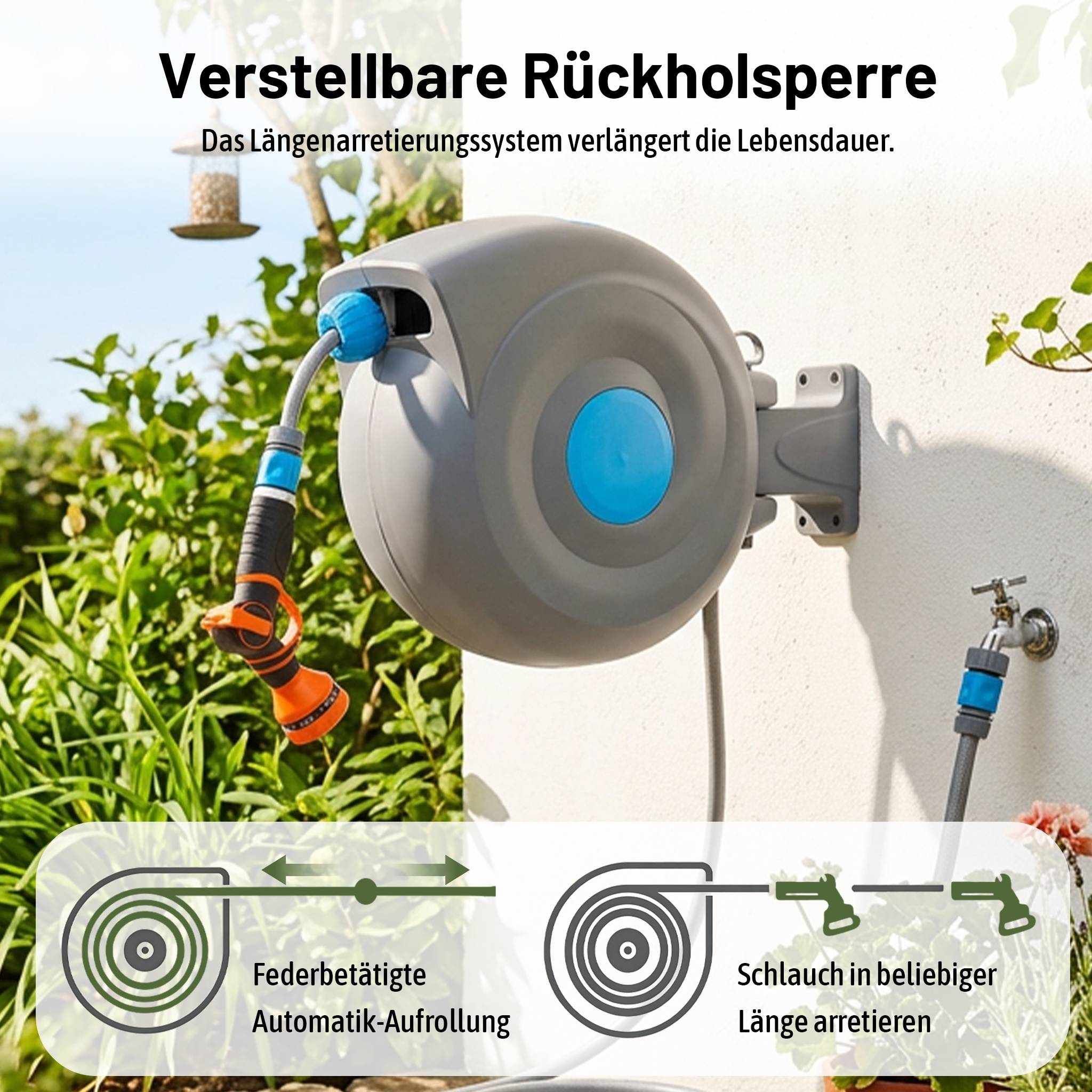 Dévidoir Mural Automatique Plastique Jardin Enrouleur Tuyau 20m Pistolet 9 Jets Bleu - ComfortXL Outdoor Living - Image 6