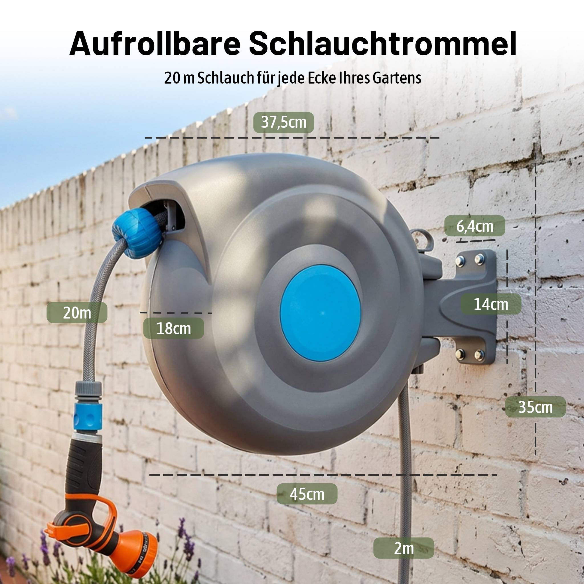 Dévidoir Mural Automatique Plastique Jardin Enrouleur Tuyau 20m Pistolet 9 Jets Bleu - ComfortXL Outdoor Living - Image 3
