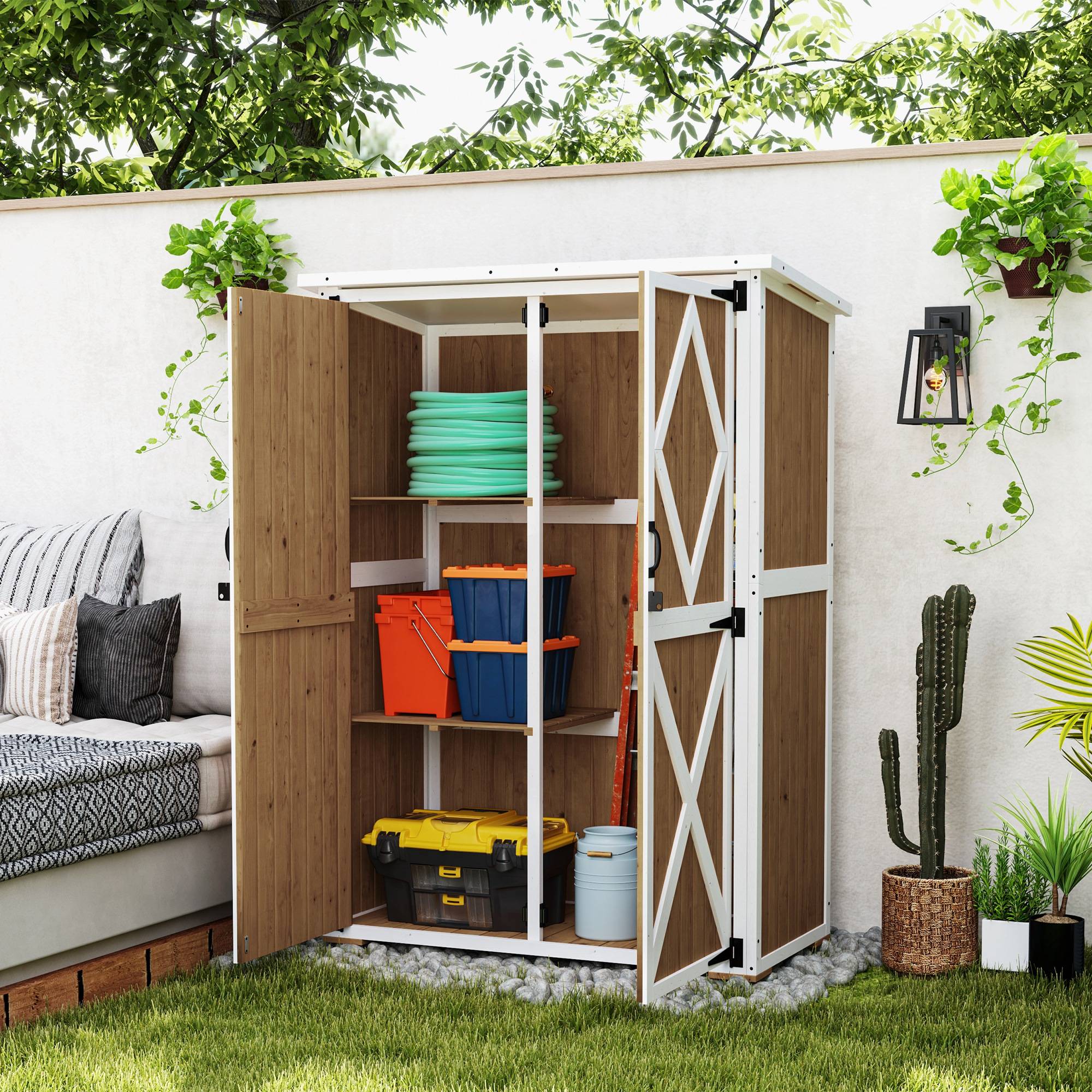 Abri de jardin en sapin avec 2 étagères et 2 portes, 116,5 x 57 x 159/167 cm, marron et blanc - Image 4