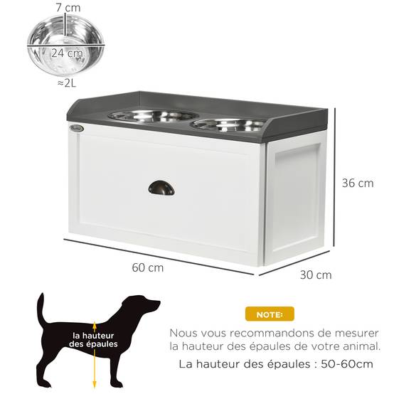 Gamelle double chien chat - porte-gamelles surélevé rangement 2 en 1 - tiroir, 2 gamelles - acier inox. MDF blanc gris - Image 5